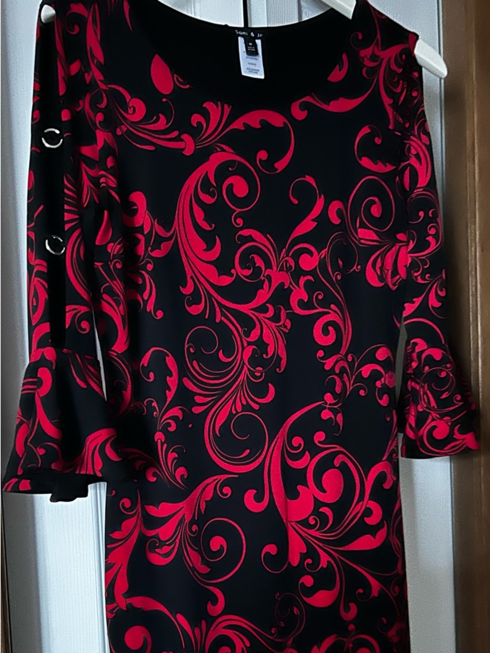 Sami & Jo Black Shift Dress with Red Baroque Swirl Print.